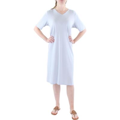 Женское синее платье-футболка Eileen Fisher с V-образным вырезом и рукавами до колен и до локтя XS BHFO 7748