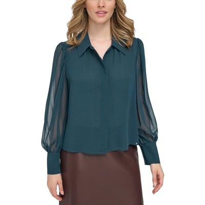 Женская однотонная блузка Calvin Klein из зеленого шифона для работы на пуговицах XL BHFO 2568