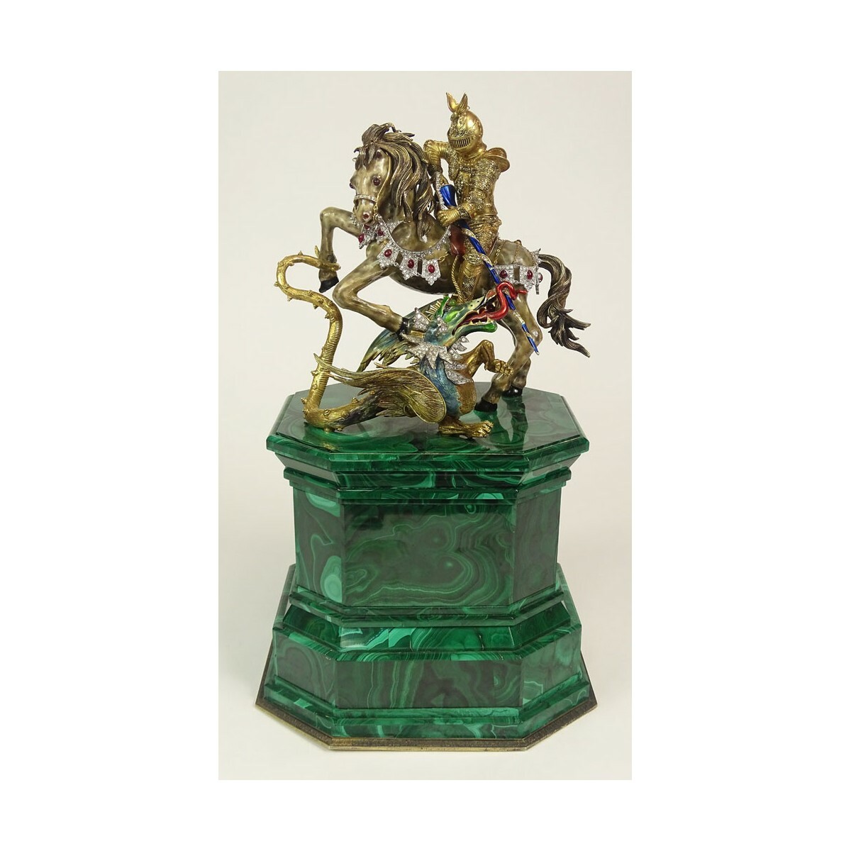 Enameled 18 Karat Yellow and White Gold Saint George and the Dragon Sculpture