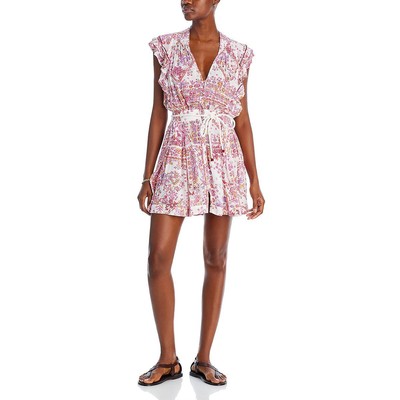 Poupette St Barth Womens Pink Floral Button-Down Ruffled Mini Dress M BHFO 0059