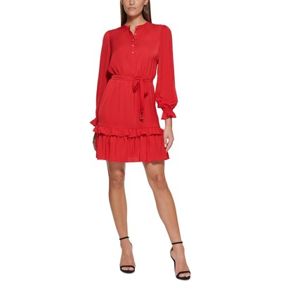 

Женское красное платье-рубашка Tommy Hilfiger с оборками и длинными рукавами Petites  BHFO 1063, Scarlet