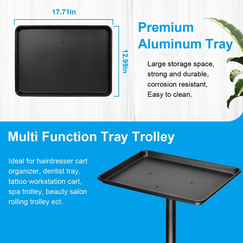 Salon Tray Cart Premium Aluminum Tattoo Tray Rolling Trolley Adjustable Height S