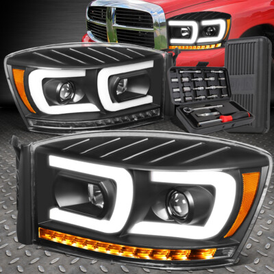 ДЛЯ 06-09 DODGE RAM ДВОЙНАЯ СВЕТОДИОДНАЯ ФАРА С ПОСЛЕДОВАТЕЛЬНЫМ ПРОЕКТОРОМ + НАБОР ИНСТРУМЕНТОВ ЧЕРНЫЙ/ЯНТАРНЫЙ