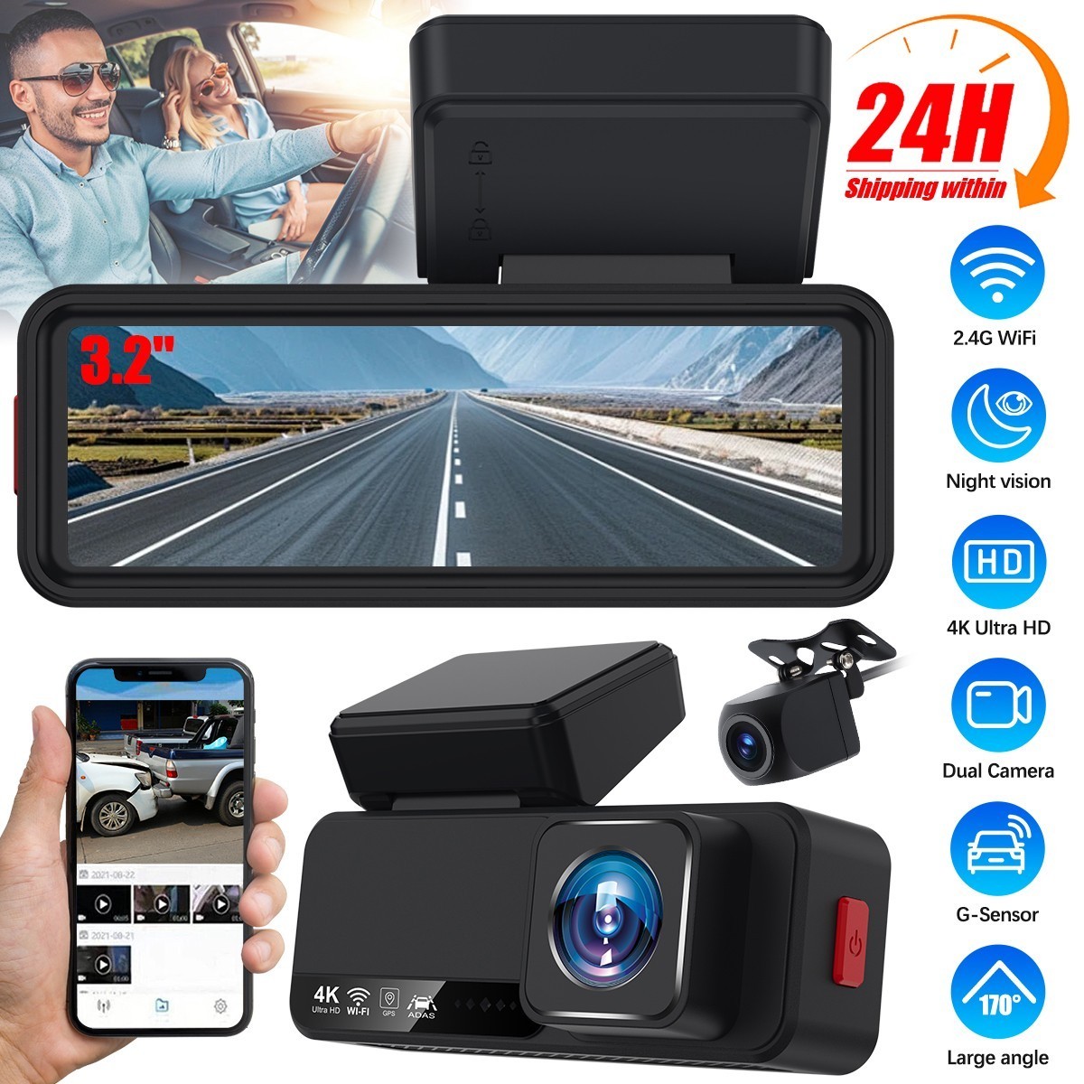 4K Dash Cam Front and Rear View 170° Car Camera Night Vision Built-in WiFi GPS