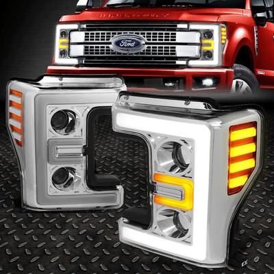 [LED DRL] ДЛЯ 17-19 FORD F250-F550 SD ХРОМИРОВАННЫЕ/ЯНТАРНЫЕ ФАРЫ С ДВУМЯ ПРОЕКТОРАМИ