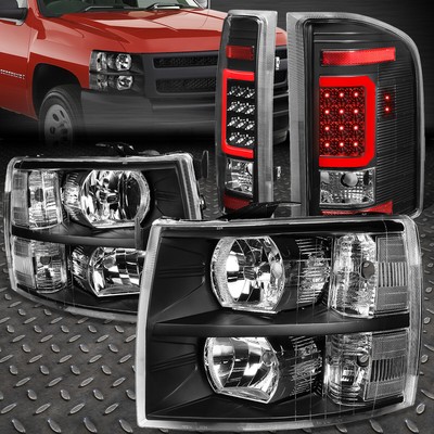 ДЛЯ 07-14 CHEVY SILVERADO ЧЕРНАЯ/ПРОЗРАЧНАЯ БОКОВАЯ ФАРА + КРАСНЫЙ 3D СВЕТОДИОДНЫЙ ЗАДНИЙ ФОНАРЬ C-ОБРАЗНОЙ ПЛАНКОЙ