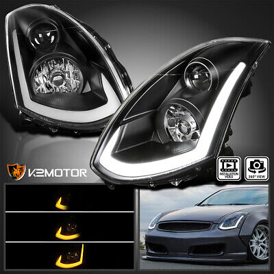 Black Fits 2003-2007 Infiniti G35 Coupe HID Type LED Strip Projector Headlights
