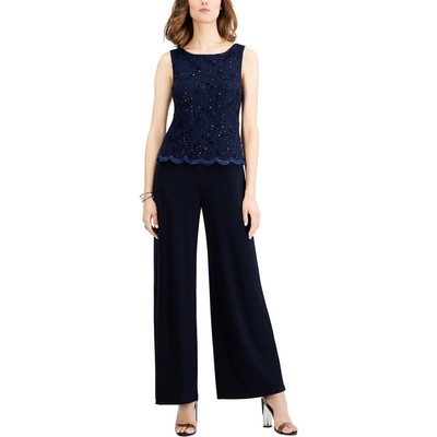 Connected Apparel Womens Navy Lace Wide Leg Dressy Jumpsuit 12 BHFO 8195