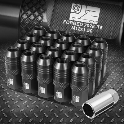 J2 OPEN-END ALUMINUM KNURLED BLACK 20 LUG NUTS+ADAPTER M12X1.5 21MM OD/50MM H