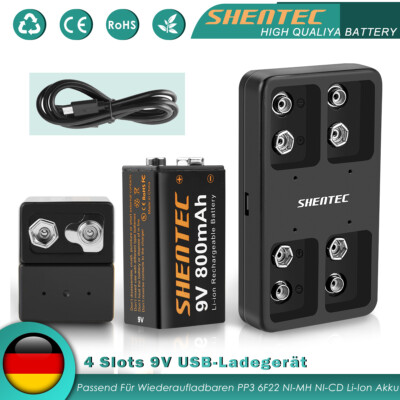 Shentec 4 Slots 9V USB Akku Ladegerät Für 9V Lithium Ni-MH Ni-Cd Li-ion Batterie