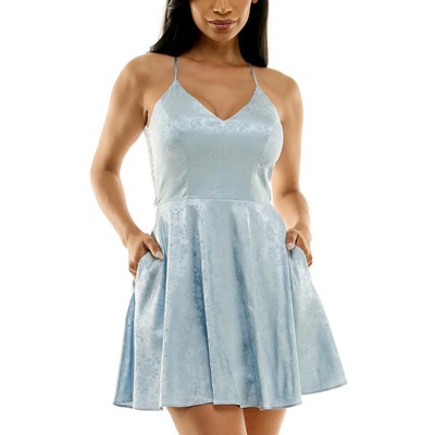 B. Darlin Womens Blue Mini Embroidered Fit & Flare Dress Juniors 1/2 BHFO 3752