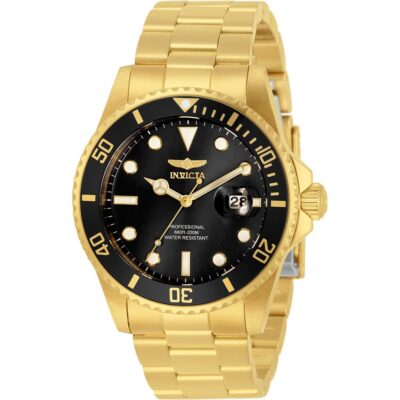 Invicta Men's Watch Pro Diver Quartz Black Dial Yellow Gold Steel Bracelet 33271
