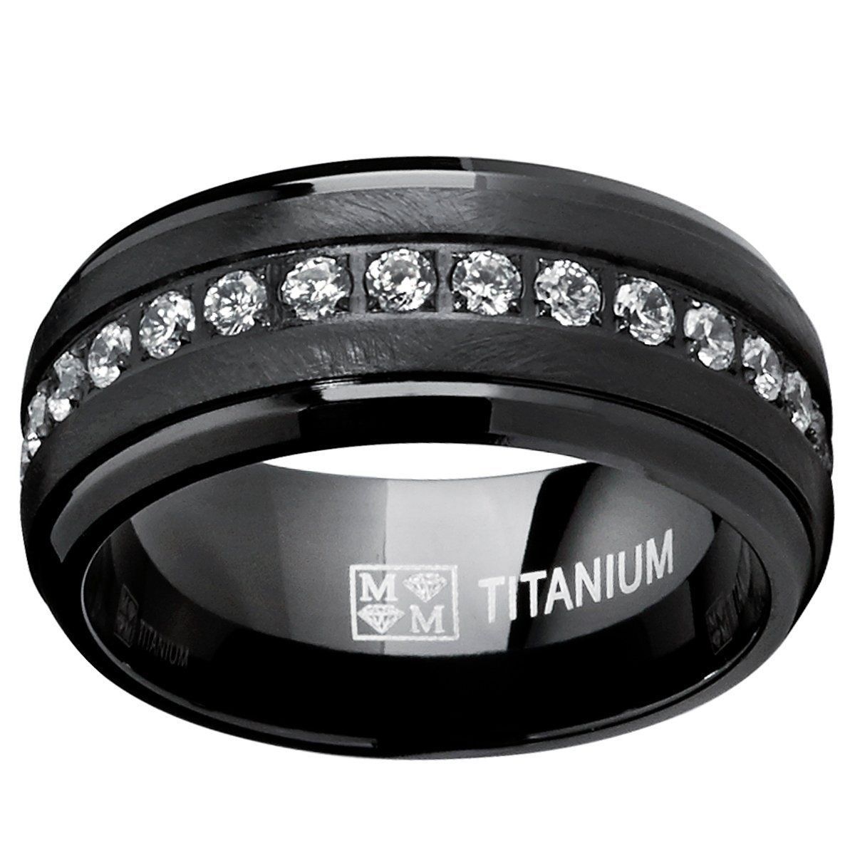 Men's Eternity Wedding Band Black Titanium CZ  9mm Ring NEW*