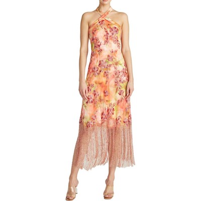 

Theia Женское длинное вечернее платье с бретельками и бисером BHFO 3588, Pink imprinted blooms