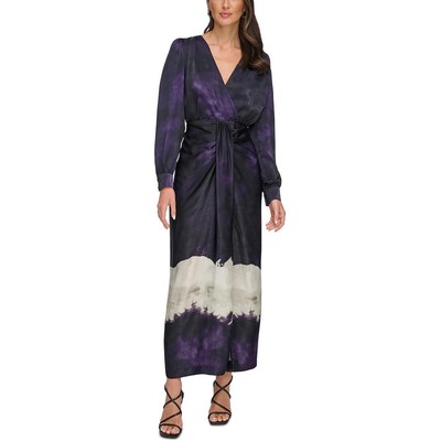 Женское фиолетовое платье макси миди с V-образным вырезом и принтом DKNY, S BHFO 8090