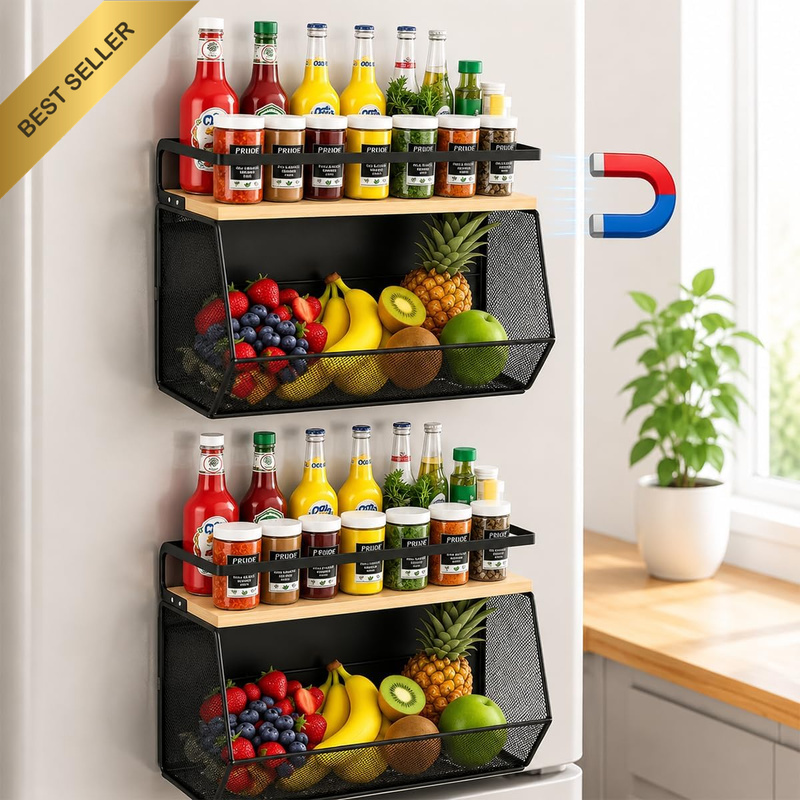2 Pack Large Magnetic Shelf for Fridge with Wood Lid, Magnetic Spice Rack for Re