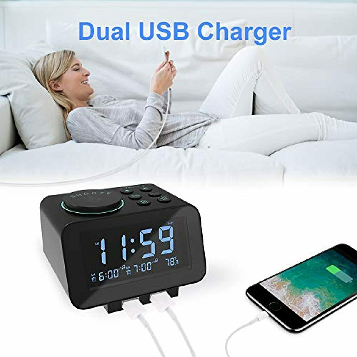 Compact Alarm Clock for Bedroom Night Stand with USB Charger Port Small Little A