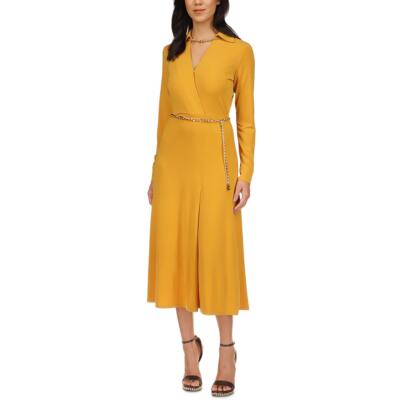 MICHAEL Michael Kors Womens Gold Knit Long Sleeves Faux Wrap Dress S BHFO 8088