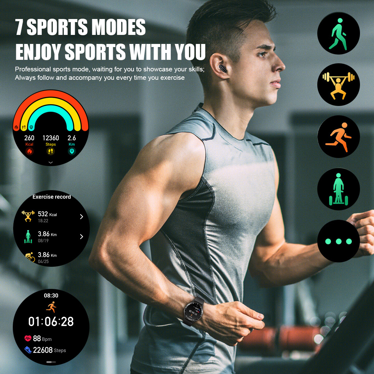 Smart Watch with Earbuds Men Smartwatch 2 in 1 Wireless Headset For iOS Android