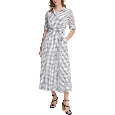 Calvin Klein Womens White Chekered Short Sleeve Midi Dress 10 BHFO 1222
