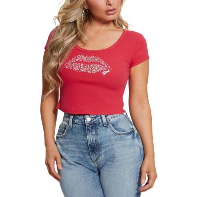 Женская укороченная рубашка Guess из розового трикотажа в рубчик со стразами XL BHFO 4596