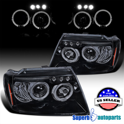 Fits 1999-2004 Jeep Grand Cherokee Glossy Black Projector Headlights Halo LED
