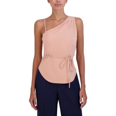 

BCBGMAXAZRIA Женская асимметричная плиссированная блузка с завязкой на талии и ремешком-цепочкой, Cafe
