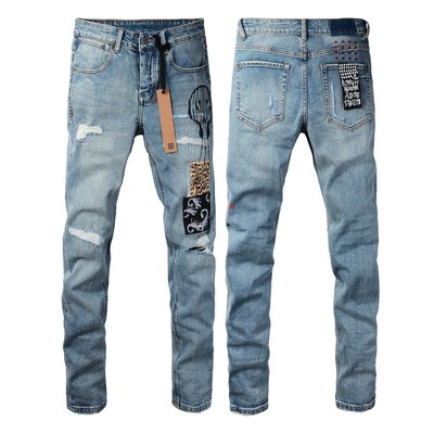 NEW KSUBI Men's Distressed Blue Leopard Patch Jeans Light bulb Printing Trousers