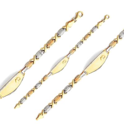 3 Tri Color 14K Solid Gold Diamond Cut Stampato XOXO Oval ID Bracelet 4.7 grams