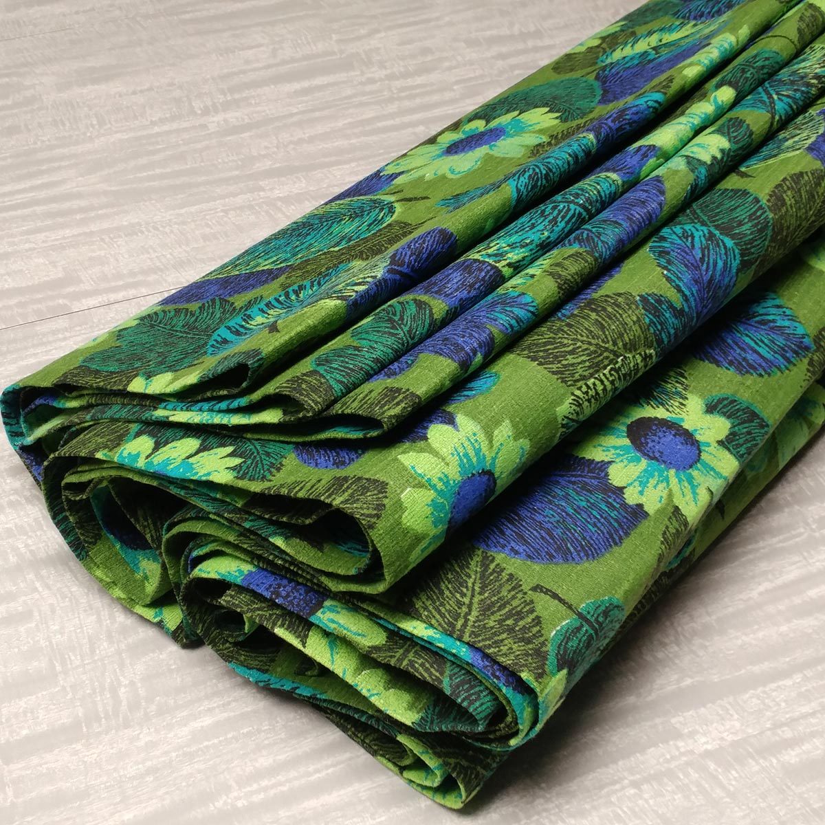 vtg barkcloth yardage 9.5+ yards floral sunflowers fall leaves blue green fabric