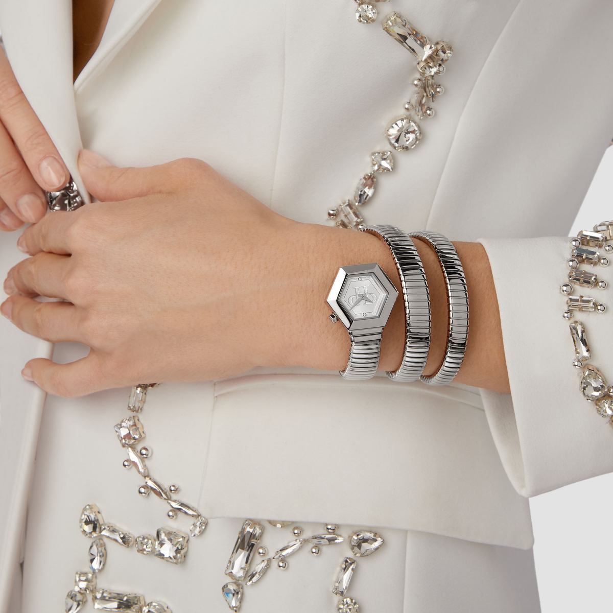 Pre-owned Philipp Plein Women's Watch Analog Quartz Snake Hexagon Pwzaa0123 Stainless