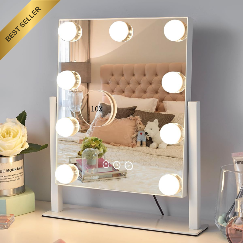 Vanity Mirror with Lights, 9 Dimmable Bulbs & 3 Color Modes, 10X Magnifying & 36