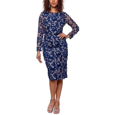 Женское темно-синее платье-футляр миди с длинным рукавом и цветочным принтом Xscape Womens 10 BHFO 7381
