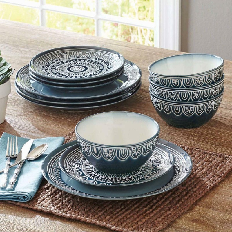 12-Piece Dinnerware Set Dishes Dinner Teal Medallion Plates Bowls Kitchen NEW