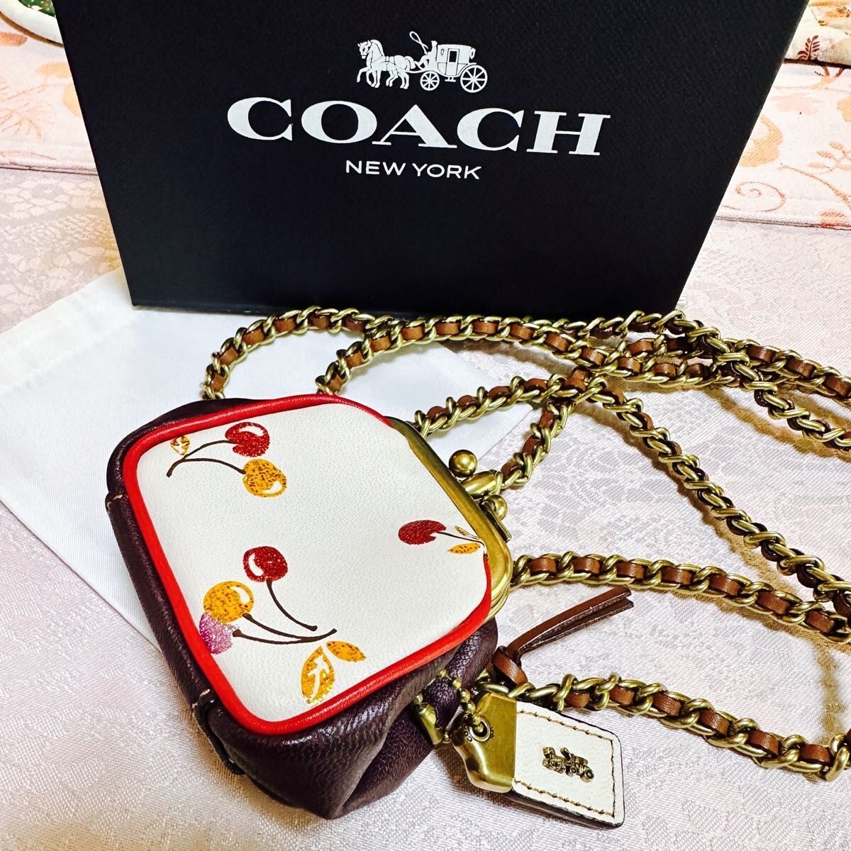 COACH Cherry Print Glitter Frame Kisslock Purse Pouch