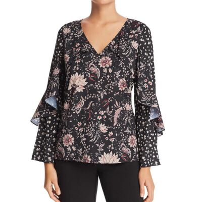 LE GALI Women's Lissa Mixed-print Ruffled Blouse Shirt Top TEDO