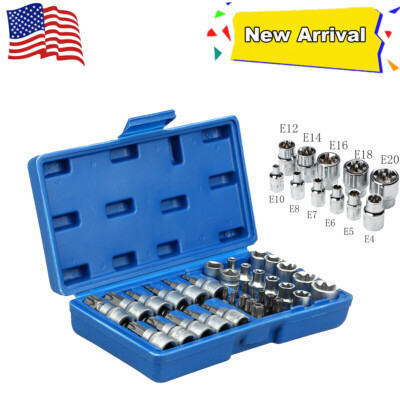 34pc Female Torx Star Socket Set External E Type E4-E20 T10-T55 3/8'' 1/4'' Drive