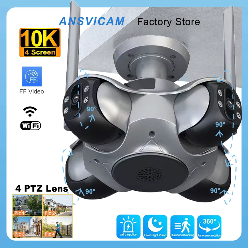 ANSVICAM 10K 20MP HD Four Screens WiFi IP Camera Wireless Outdoor PTZ Four Lens