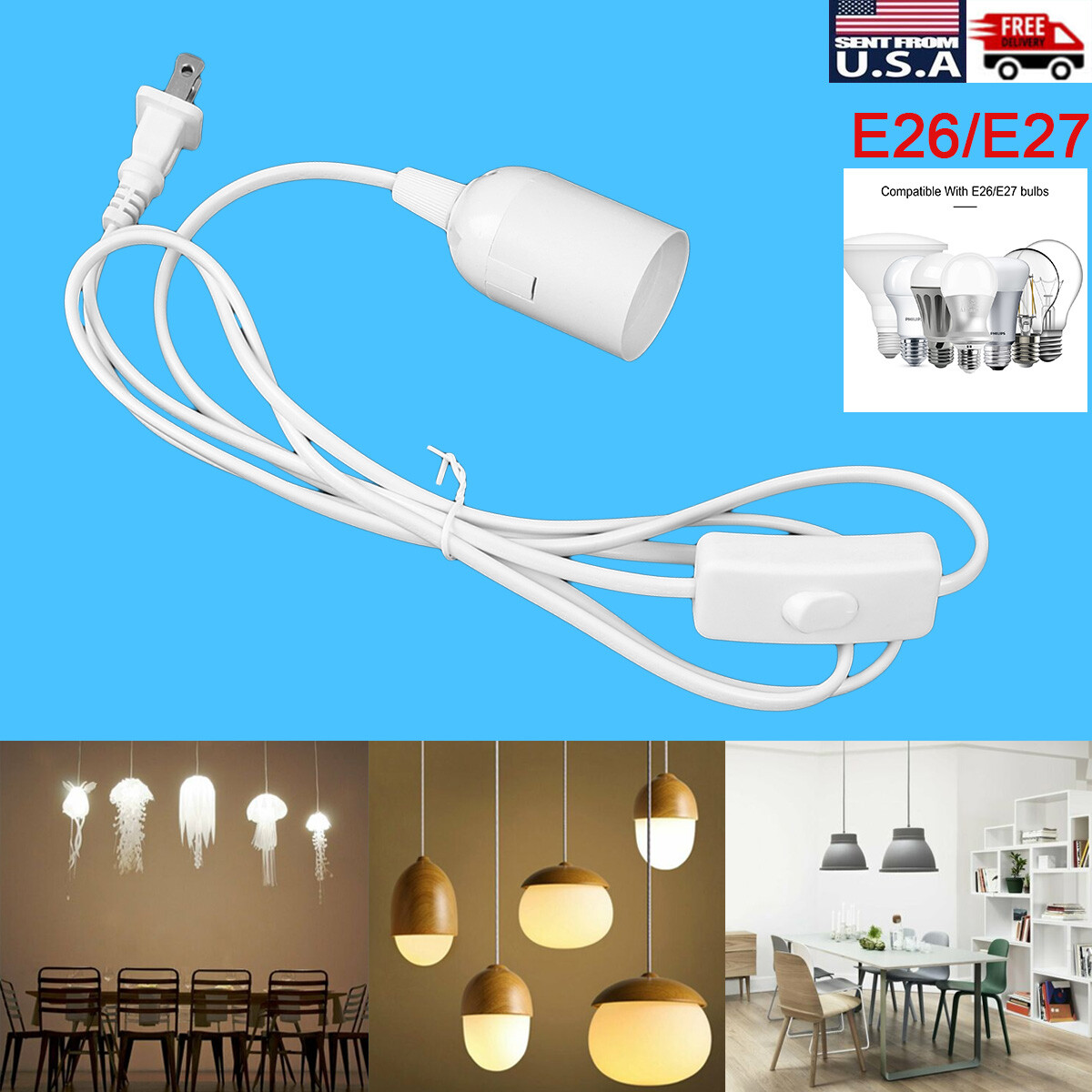 E26 E27 Bulb Socket Extension Hanging Pendant Light Lamp Cord Cable Switch 1 8m Ebay