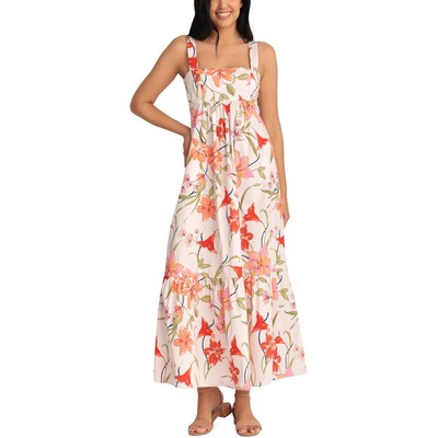 

Женское длинное летнее платье макси с розовым цветочным принтом London Times  BHFO 6282, Ivory multi