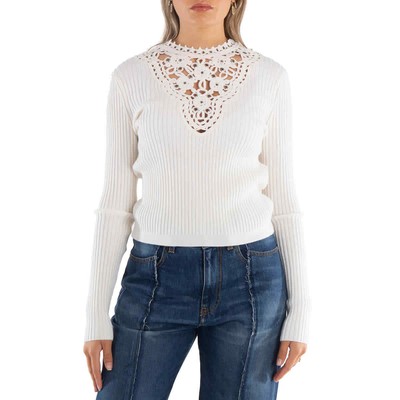 Pre-owned Rabanne Long Sleeve Floral Detail Knit Sweater In White