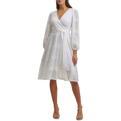 

Kensie Womens Sheer Embroidered Faux Wrap Fit - Flare Платье BHFO 7043, Белый