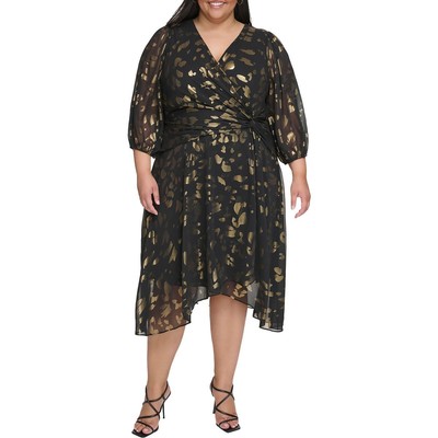 DKNY Womens Black Metallic Faux Wrap Cocktail And Party Dress Plus 18W BHFO 7729