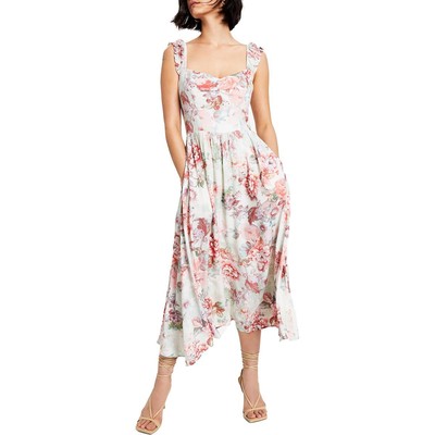 

Guess Женское летнее платье миди цвета слоновой кости с присборами Susanna  BHFO 0171, Sunset bloom print