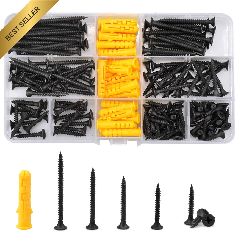 170Pcs Coarse Thread Screws Set, Black Mixed Size Fastener with Anchors