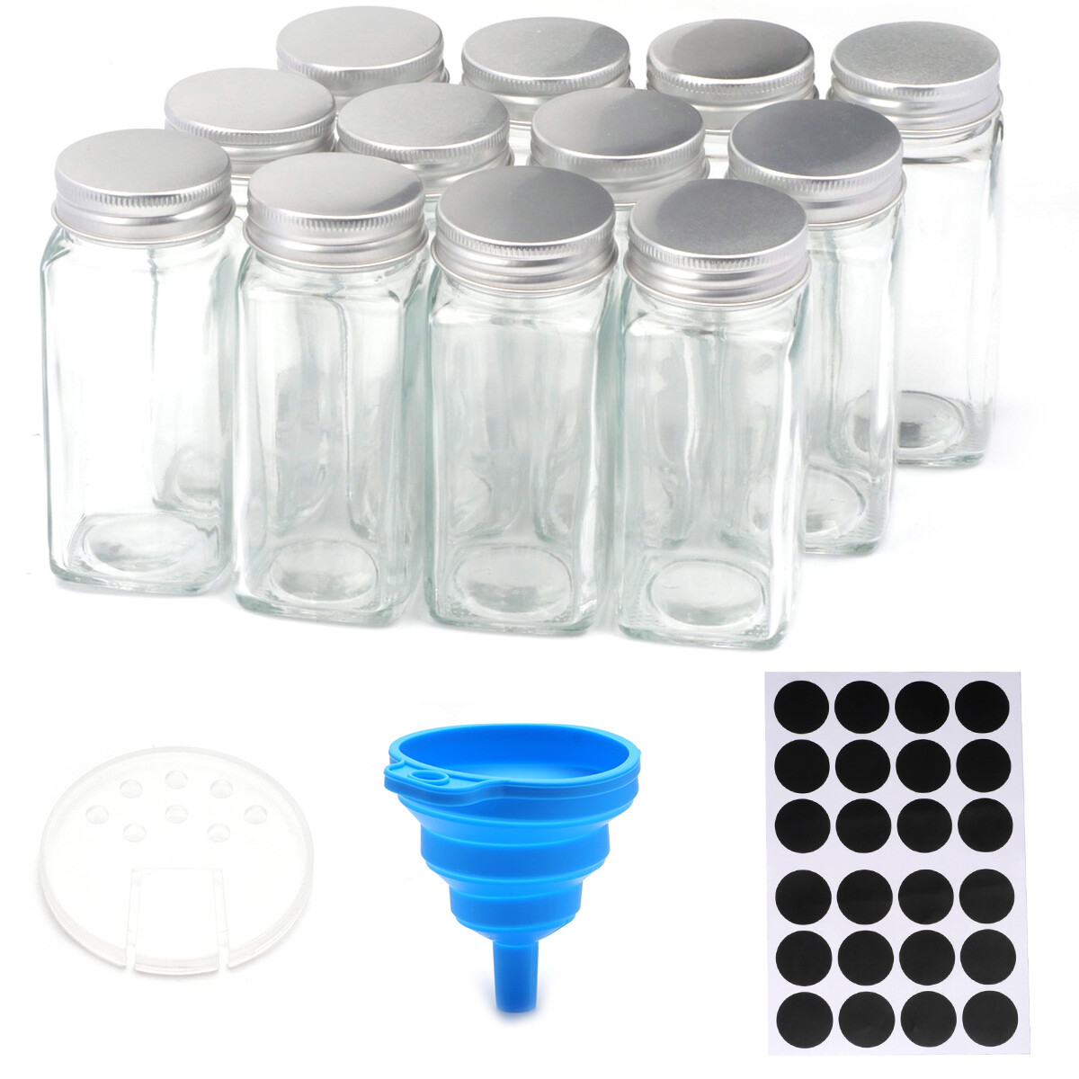 12pcs Glass Jars Lid Spice Herb Seasoning Condiment Storage Container Dispensers