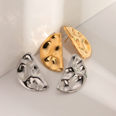 Woman 18k Gold Plated Stainless Steel Half Round Earring Stud Texture