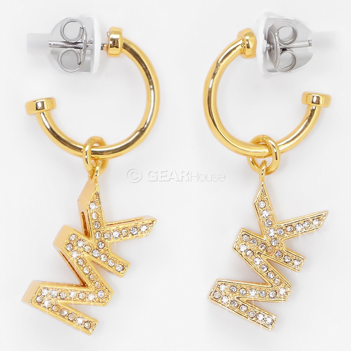 Michael Kors Womens Dangle Drop MK Earrings Pave Crystals Gold Tone Brass