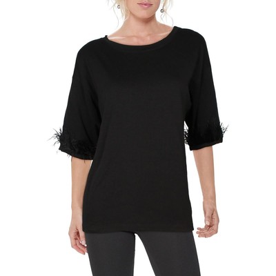 OWN IT. Womens Black Knit Feathers Short Sleeves Pullover Top Shirt XL BHFO 5872