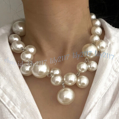 Women's White South Sea Shell Pearl Round Beads Pendant Cluster Necklace 18''